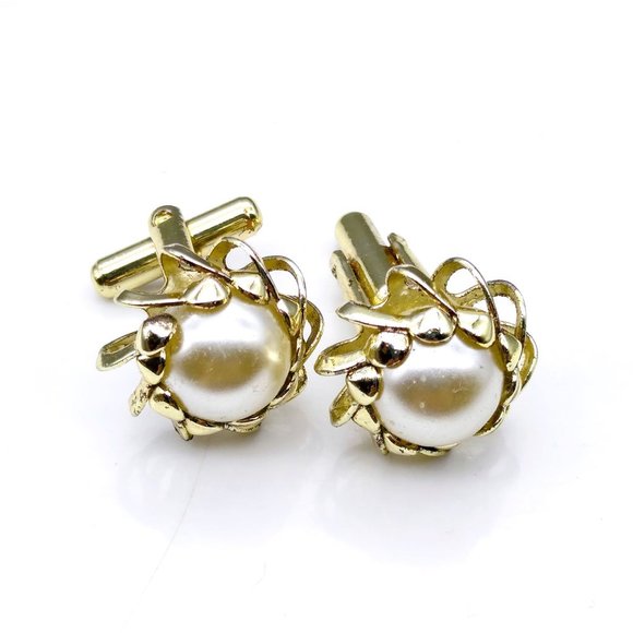 Vintage Caged Pearl Cuff Links, Gold Tone with White Faux Pearl, Dapper Mens - Picture 2 of 3